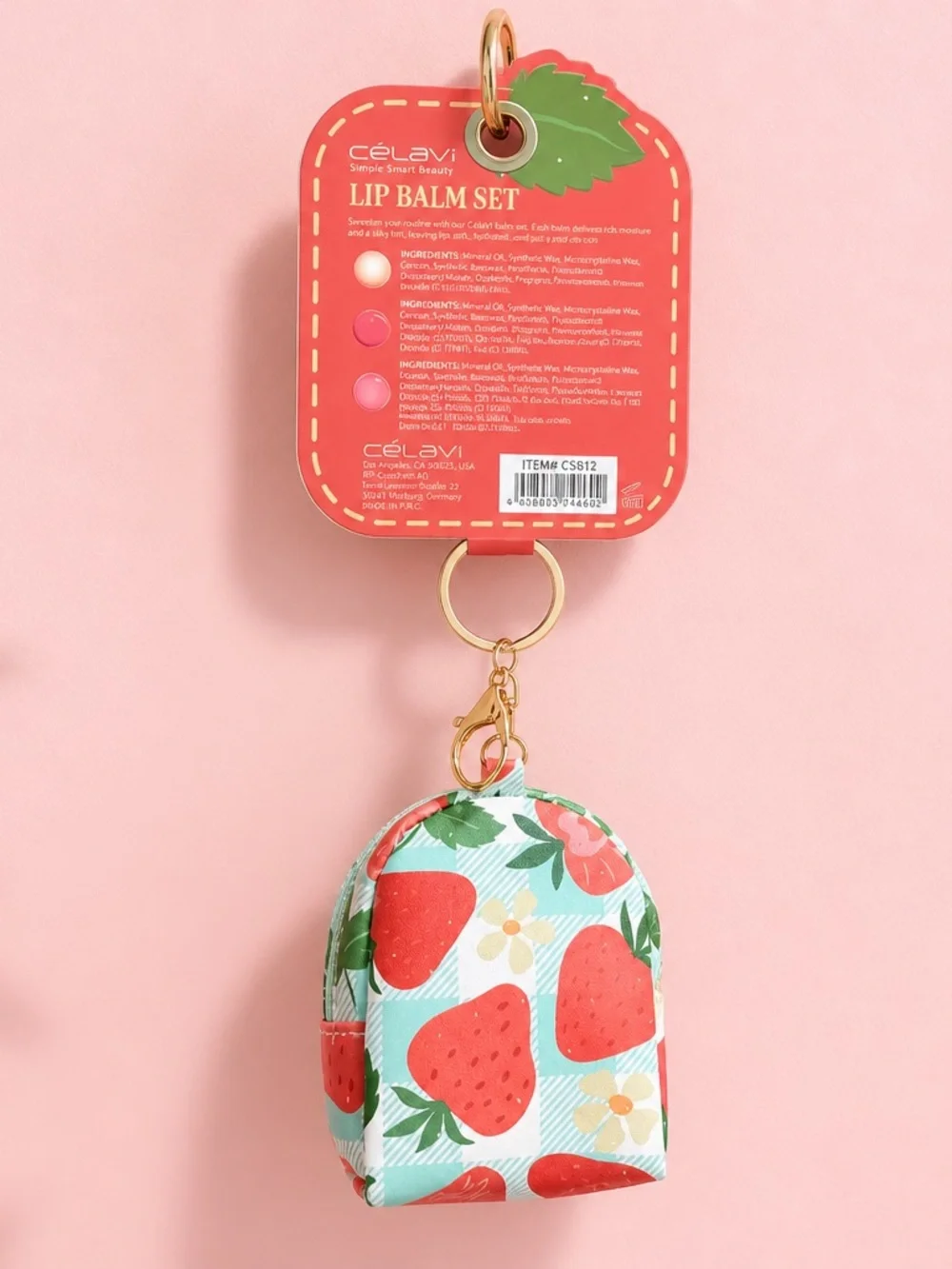Célavi Strawberry Mini Backpack Keychain Gift Set with 3 Lip Balms New